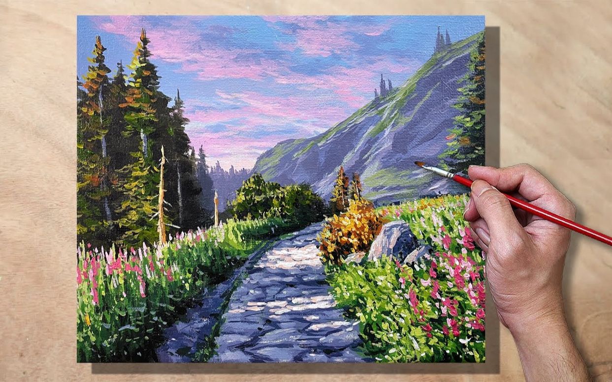 【丙烯画】【绘画教程】【中字】石头小道Acrylic Painting Stone Pathway Landscape哔哩哔哩bilibili