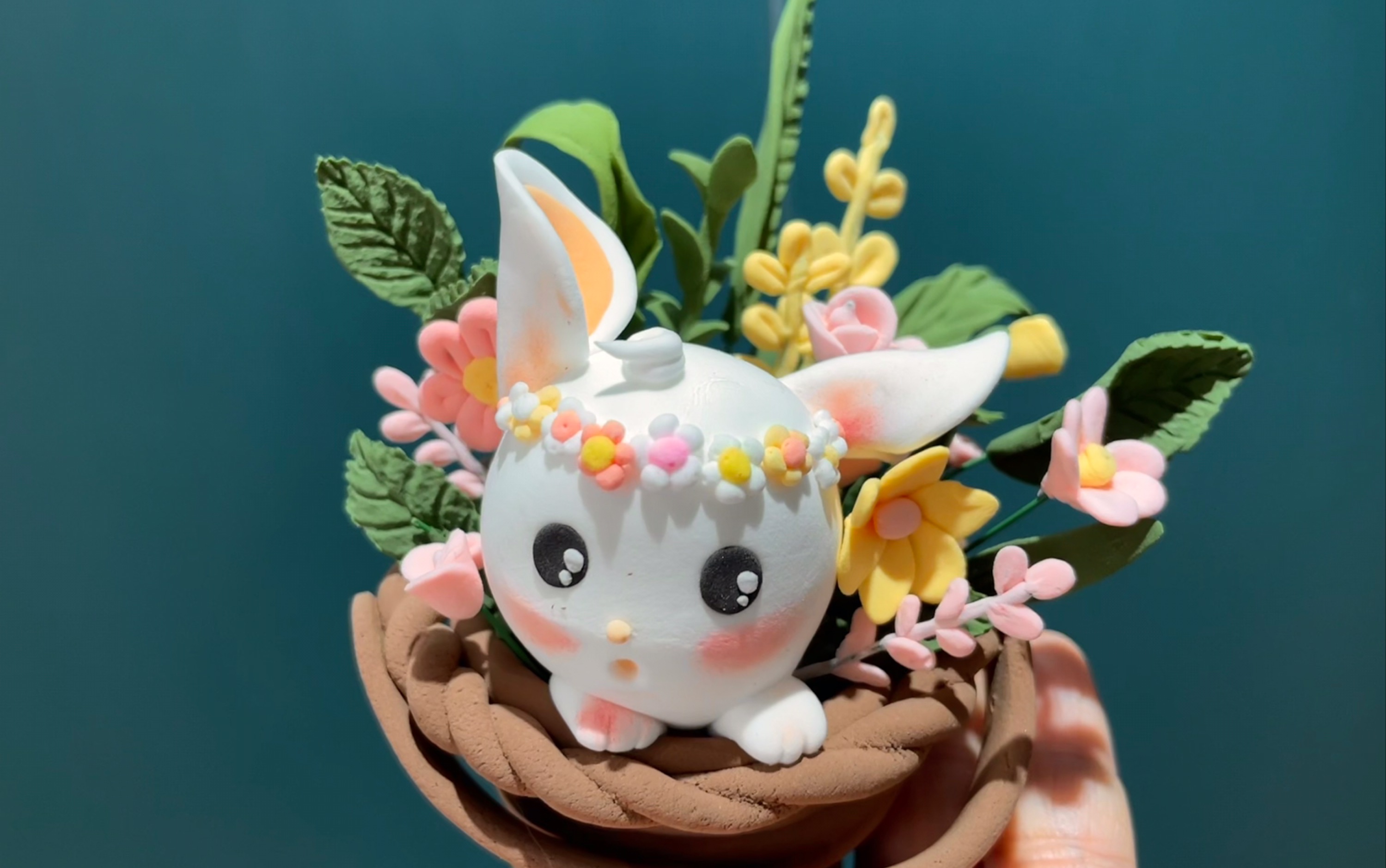 插画风粘土——花篮小白兔