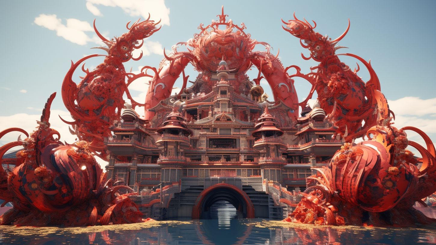 超现实梦境:红色触手与现代建筑的交织