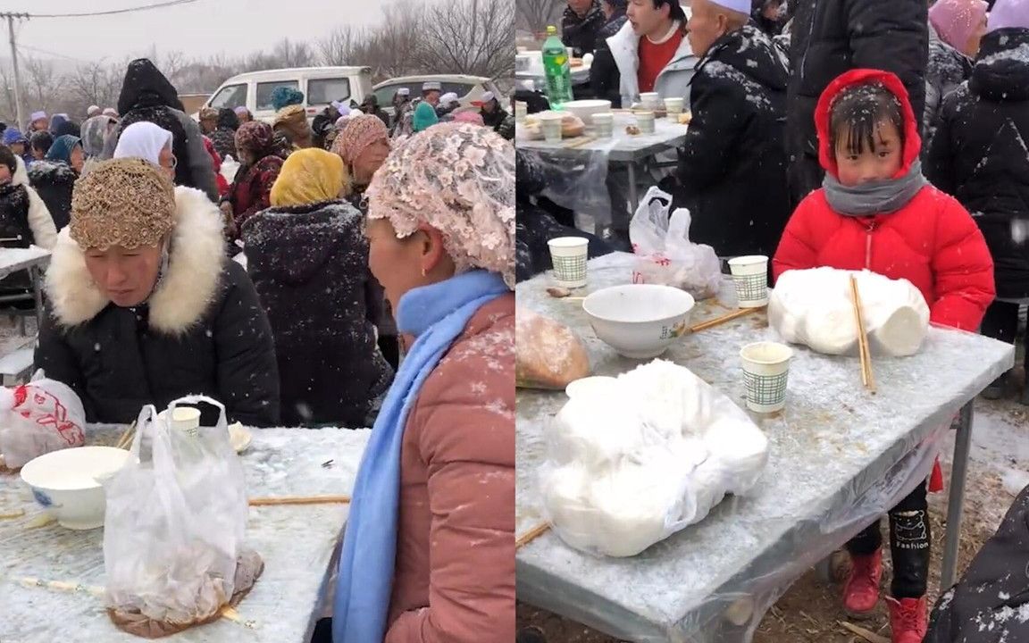 宾客们冒大雪吃露天酒席,身上积满雪花逗乐网友:吃席的最高境界