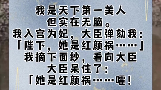 我是天下第一美人,但实在无脑.我入宫为妃,大臣弹劾我:「陛下,她是红颜祸……」我摘下面纱,看向大臣,大臣呆住了:「她是红颜祸……嚯!我勒个...