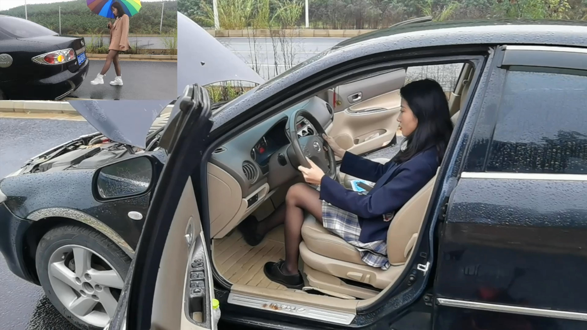 zzz-32 两个中国女人在街上玩车,通过轰油门来操作引擎.