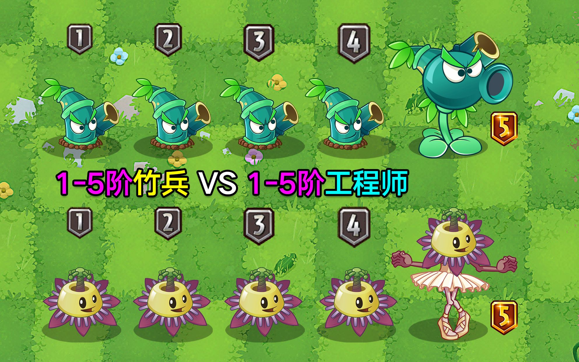 1-5阶突击竹兵vs1-5阶番莲工程师!2个小猕猴桃,究竟谁更强?