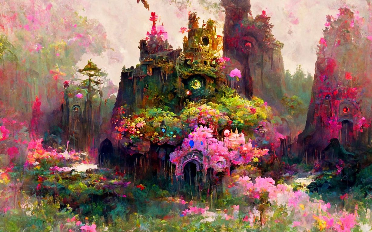 用ai来画一副梦幻的精灵城堡,繁华梦境闹,零乱空花霣.