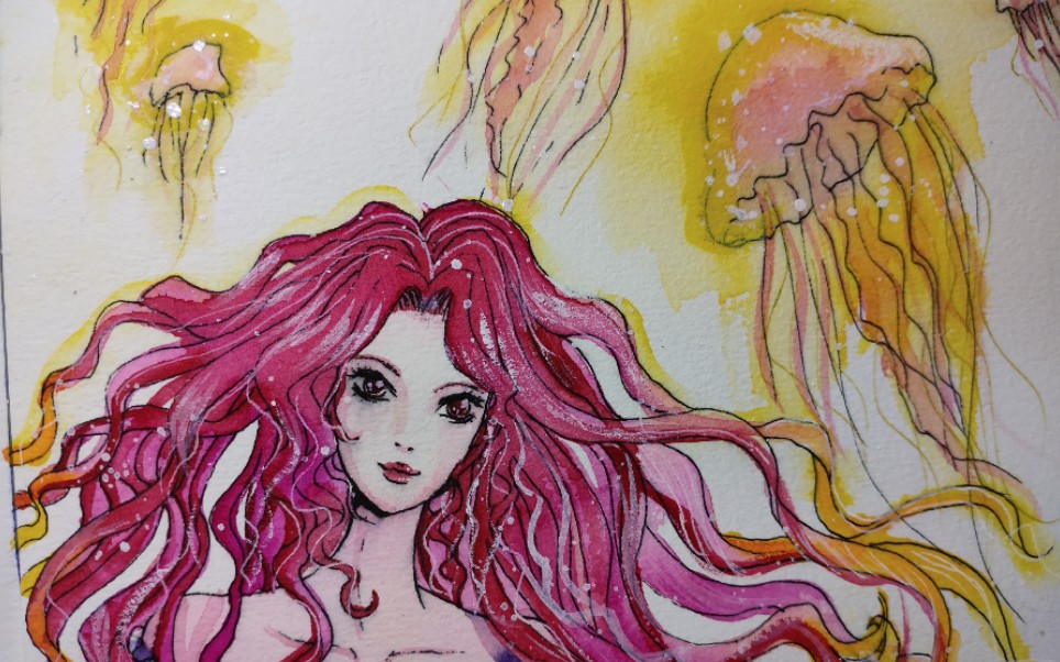 【水彩过程】海底系列2-大概是个水母公主?手实在画不好