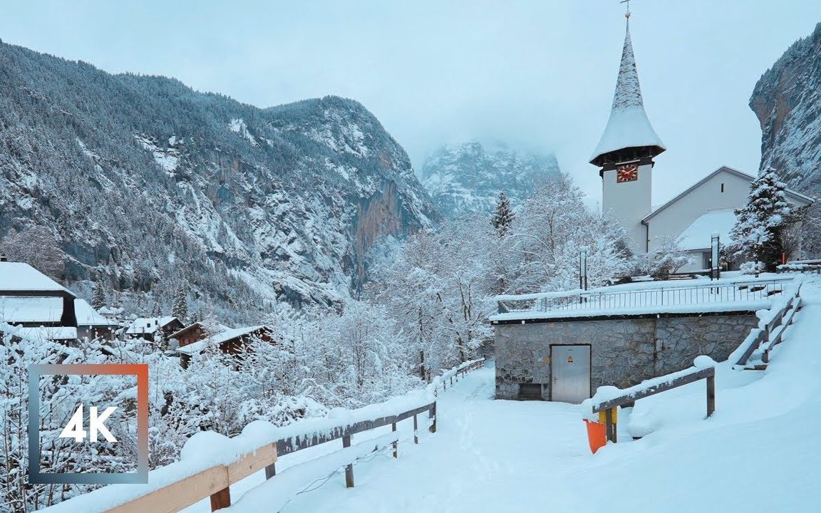 [图]4K 雪地漫步在瑞士的劳特布伦，河流沿着威塞走，河流和大自然的声音