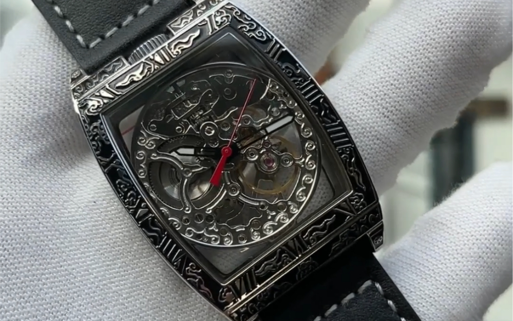 boux克罗心风格雕花镂空机械男表