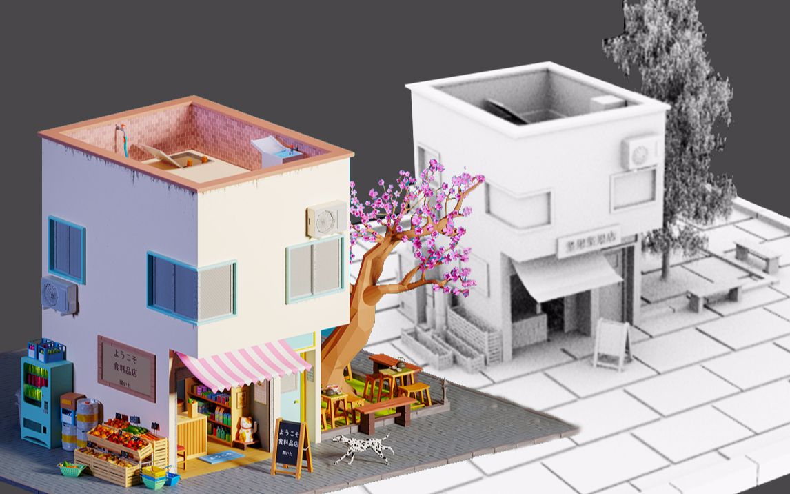 【maya建模】店铺场景模型布线案例教程,maya房子建模