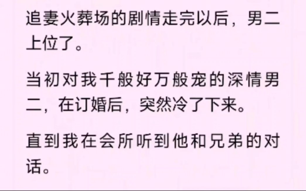 追妻火葬场的剧情走完以后,男二上位了.当初对我千般好万般宠的深情男二,在订婚后,突然冷了下来.直到我在会所听到他和兄弟的对话……哔哩哔哩...