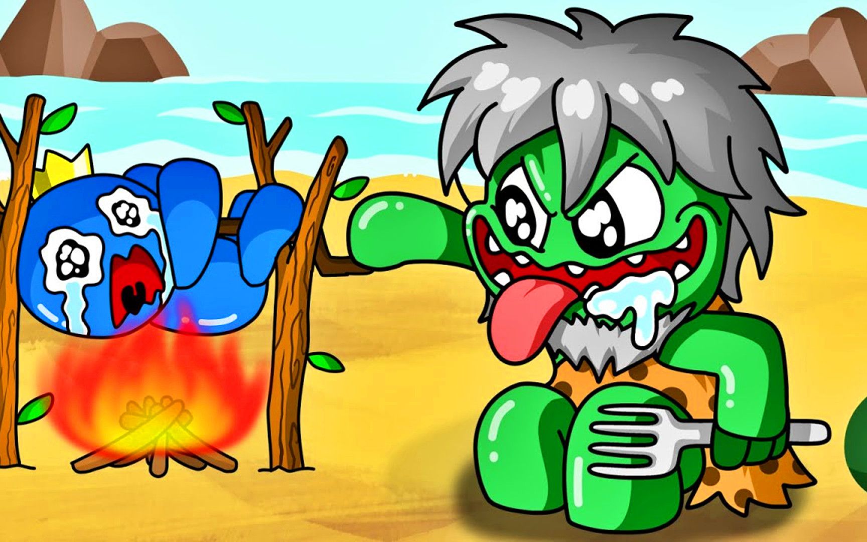 彩虹动画:彩虹朋友穿越到了古代,遇到野人部落该怎么自救呢?