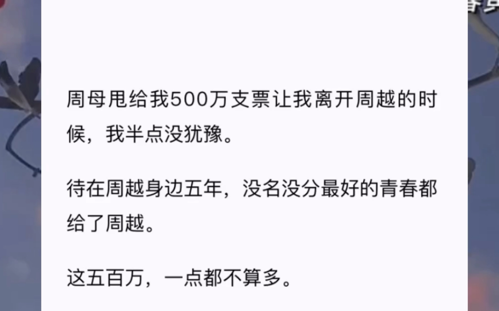 周母甩给我500万支票让我离开周越的时候,我半点没犹豫.待在周越身边五年,没名没分最好的青春都给了周越.这五百万,一点都不算多.哔哩哔哩...