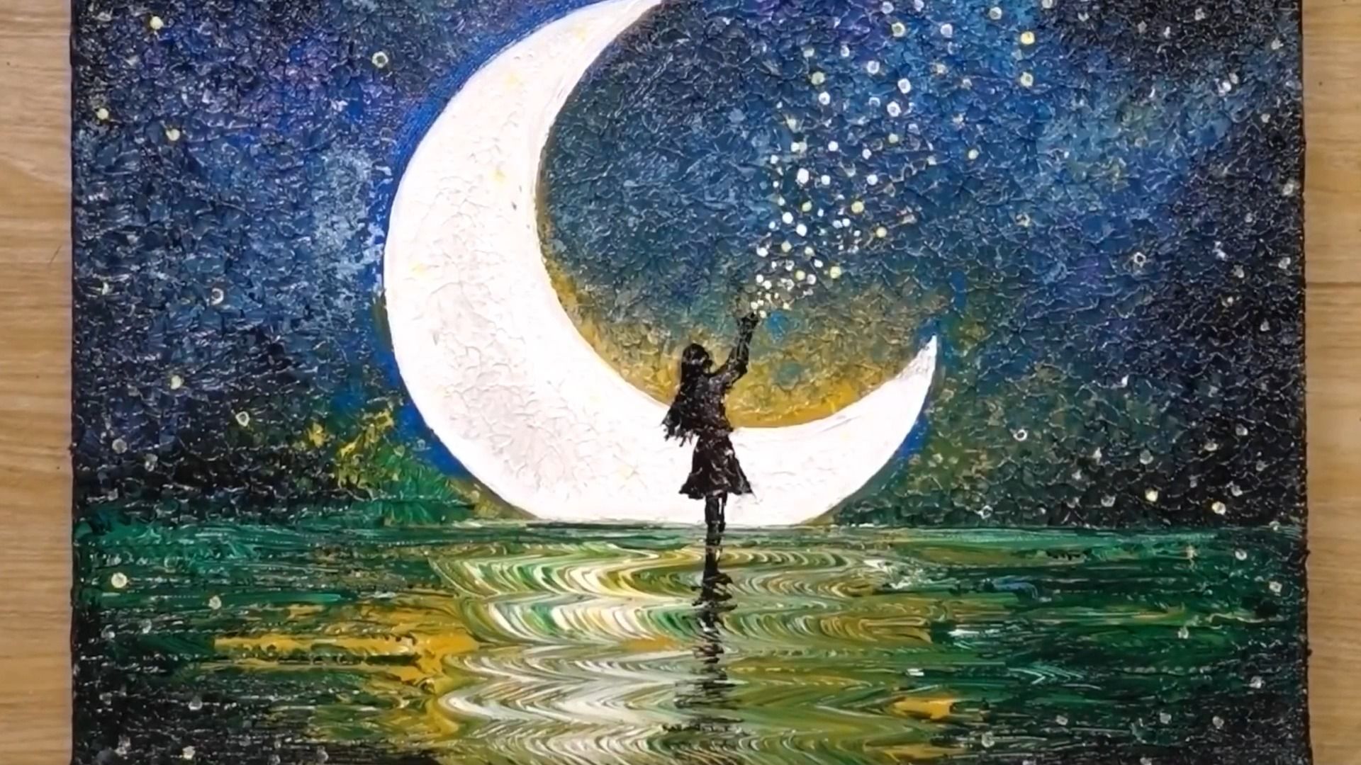 月光与满天星空下的女孩 | 丙烯画