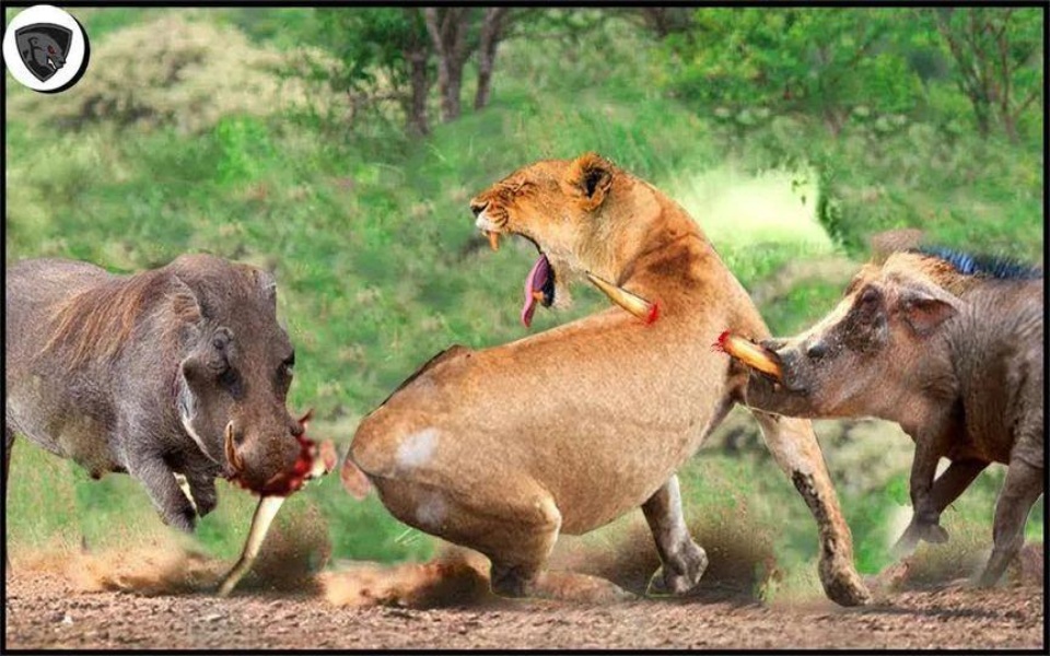 非洲野猪大战狮子图片