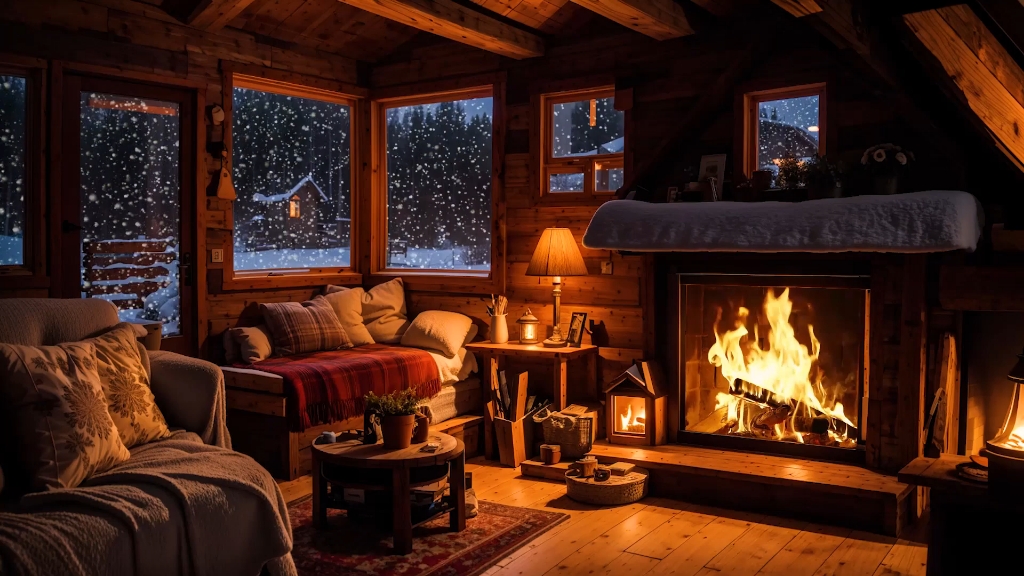 温暖的冬季木屋氛围壁炉木柴燃烧的声音助眠呼哨的冷风声白噪音asmr