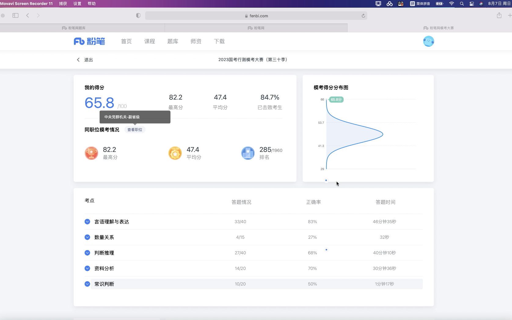 2023国考行测模考大赛(第三十季),65.8分离全站最高分还差16.4分,第285名.哔哩哔哩bilibili