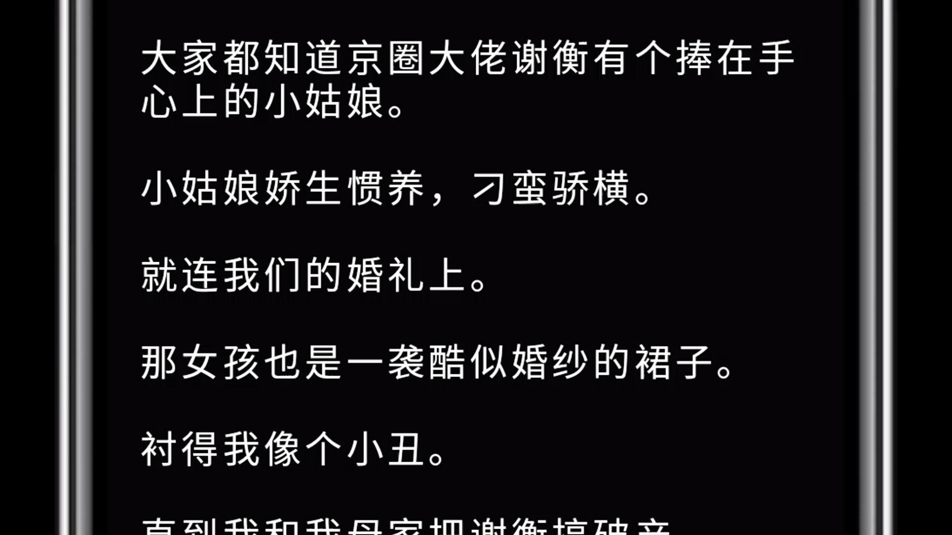 大家都知道京圈大佬谢衡有个捧在手心上的小姑娘.小姑娘娇生惯养,刁蛮骄横.就连我们的婚礼上. 那女孩也是一袭酷似婚纱的裙子. 衬得我像个小丑....