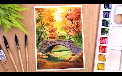 初学者水彩画秋树和桥风景 -- draw with shiba