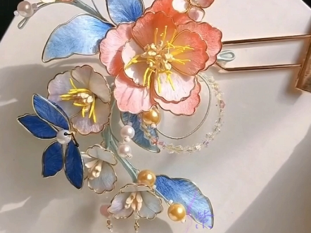 仿点翠掐丝绒花发簪流苏发饰古风饰品,粉蓝配色好粉嫩呀