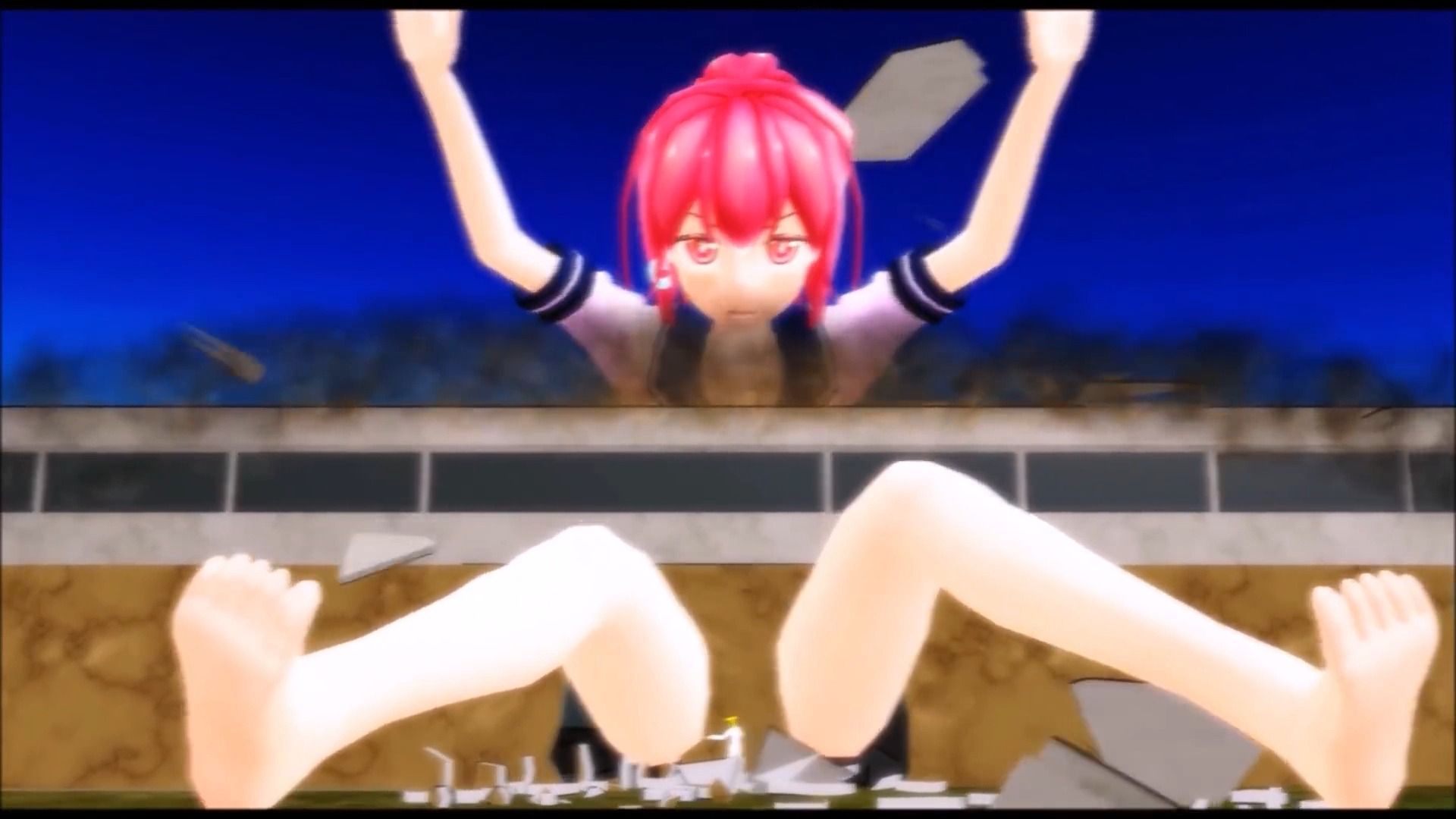 少女突然巨大化,然后从建筑中爆出