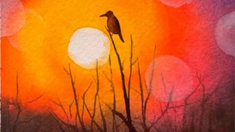 水彩画】江畔夕阳晚景Watercolor painting of sunset evening