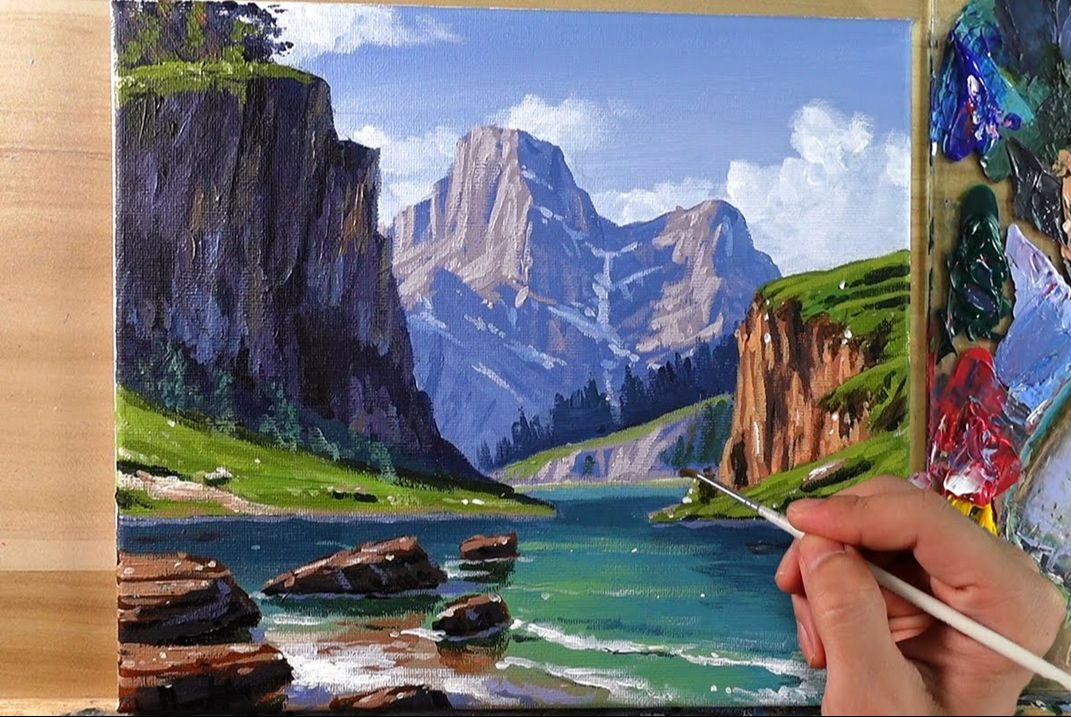 【丙烯画】【绘画教程】【中字】岩石山-how to paint rocky mountain