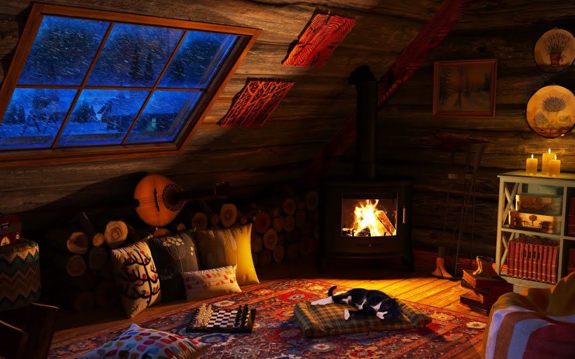 【白噪音】超长8小时丨舒适的冬季小屋系列:壁炉烧木头,窗外暴风雪