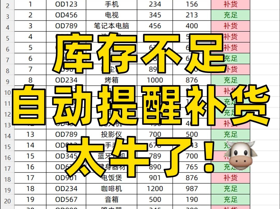 Excel库存表设置预警,库存不足提醒补货!哔哩哔哩bilibili