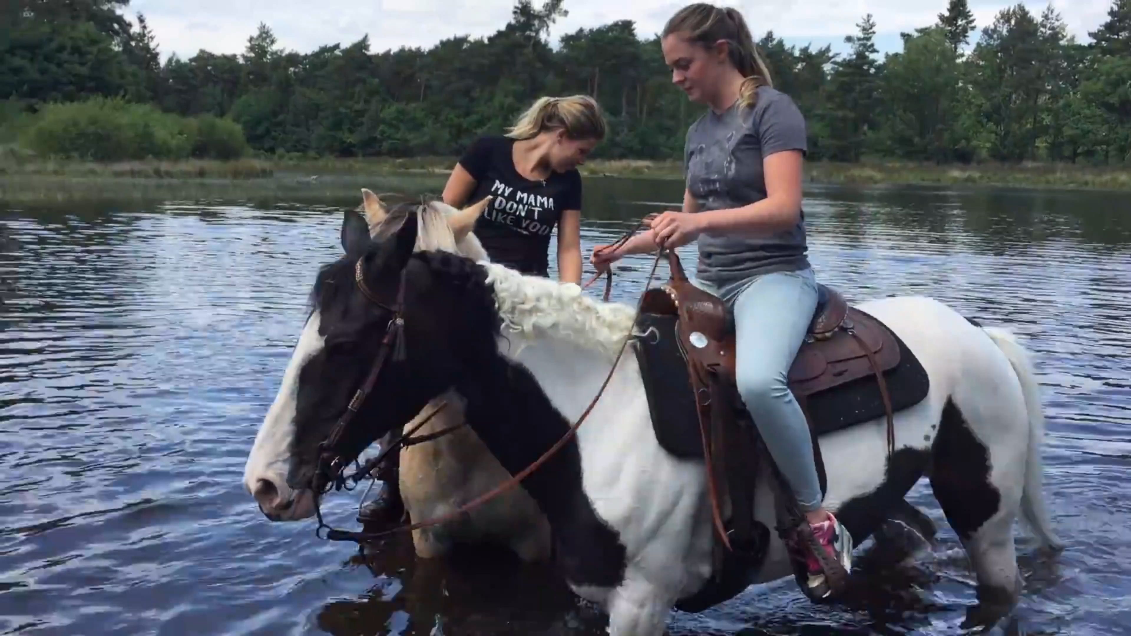 两闺蜜骑着小马过河