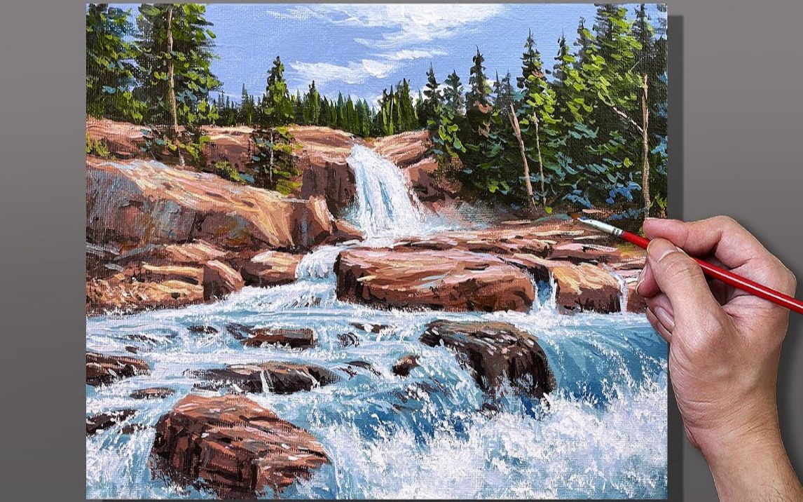 【丙烯画】【绘画教程】【中字】小瀑布Acrylic Painting Flowing Waterfall Stream哔哩哔哩bilibili