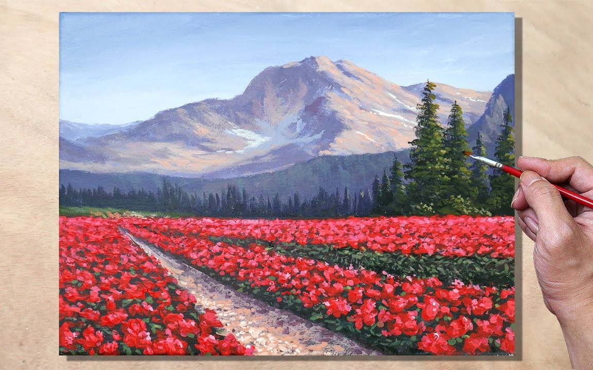 【丙烯画】【绘画教程】玫瑰花田Acrylic Painting Rose Field Landscape哔哩哔哩bilibili