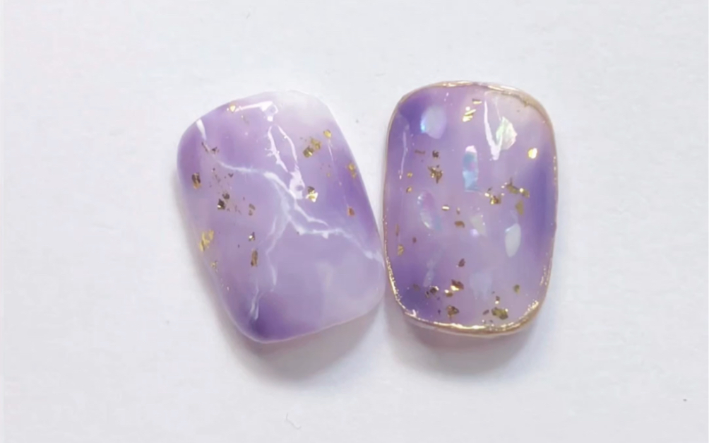 紫色大理石纹立体魔镜粉金箔晕染美甲教程 三点晕染