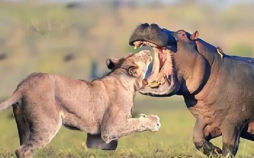 狮子偷袭河马,却被河马咬住头部,镜头拍下全过程!