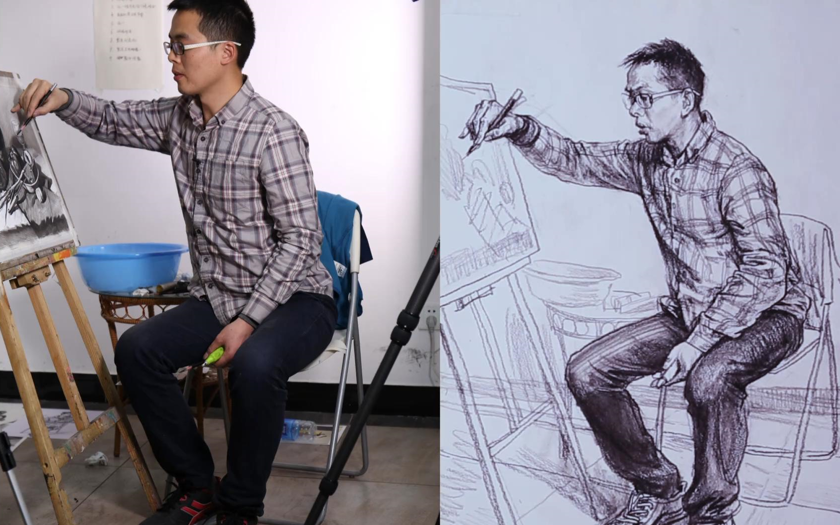 初级单人速写穿格子衬衫画画的男青年坐姿 北京华艺名画室_哔哩哔哩