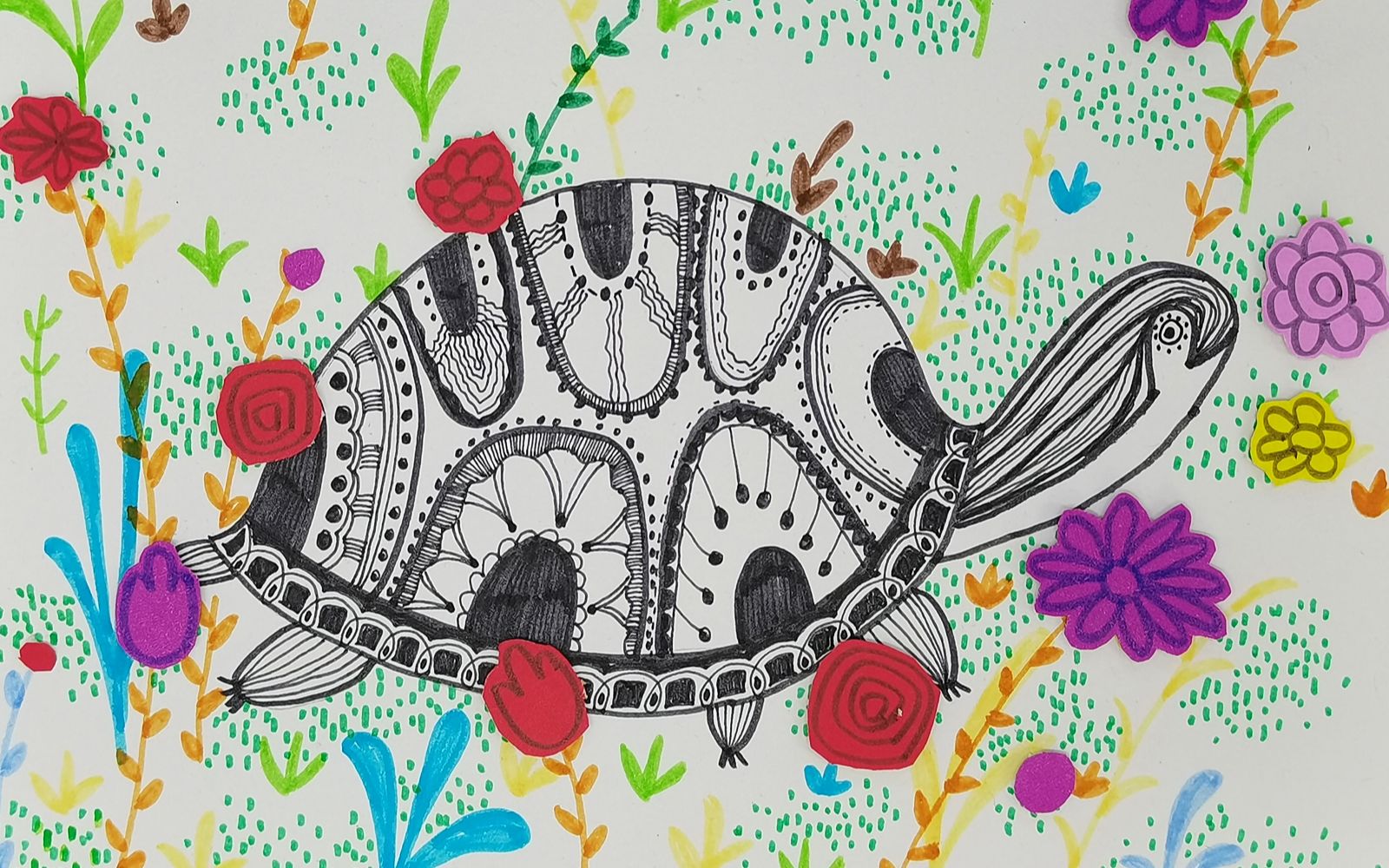 儿童创意画,散步的小乌龟,水彩与彩铅的结合,黑白与彩色的对比_哔哩