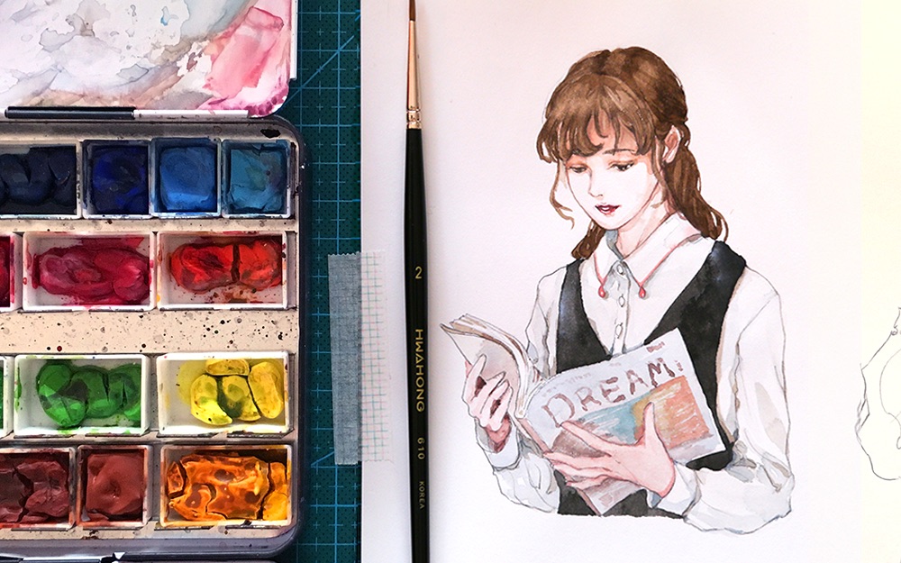 【kirara手绘水彩过程】爱看书的都是萌妹子 (°°)