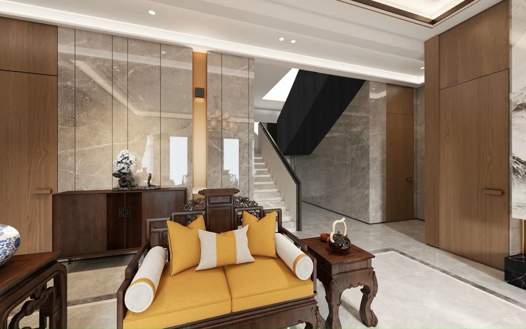 自建房一楼新中式客厅效果图