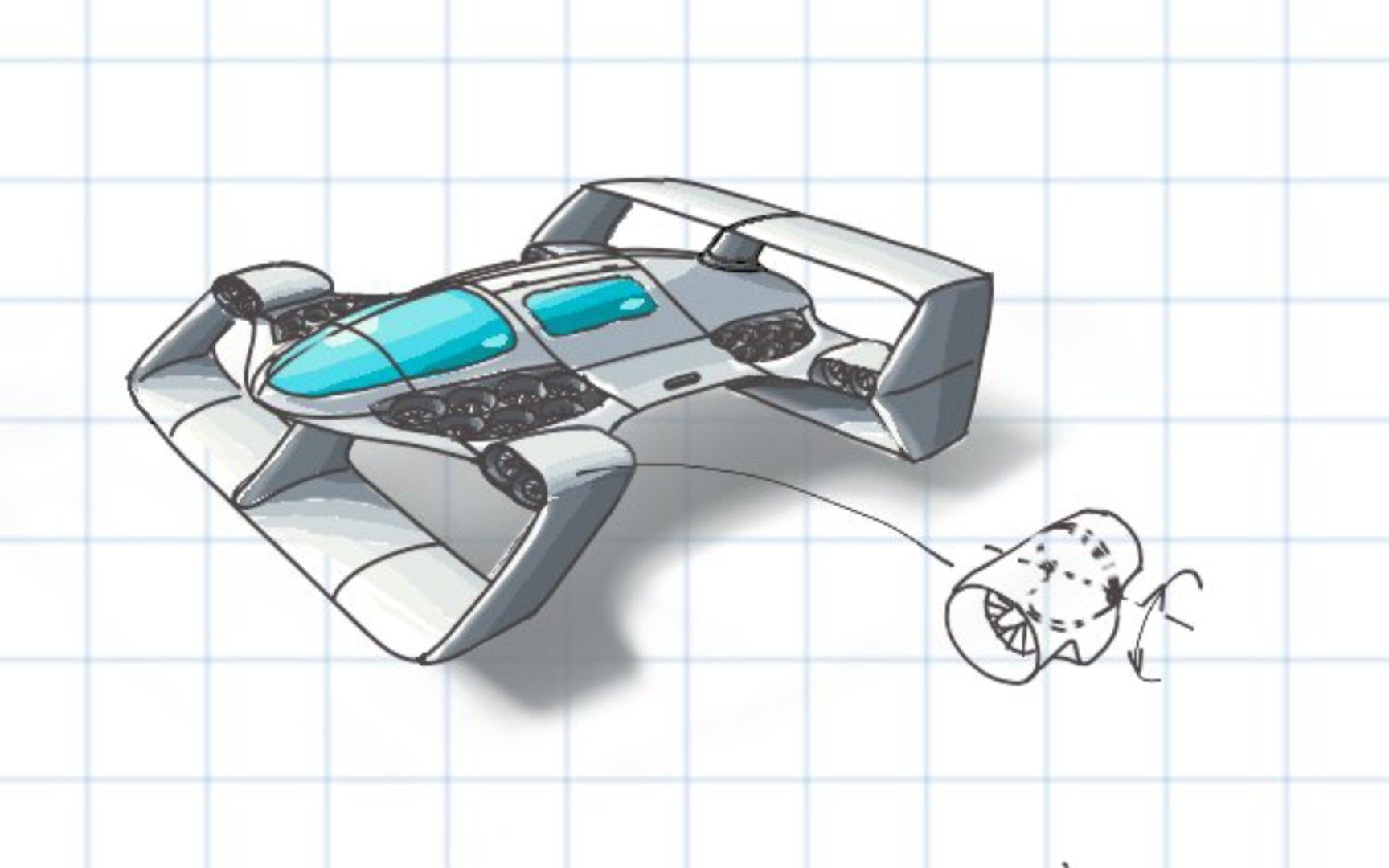 可实用的飞行汽车方案的概念图手绘