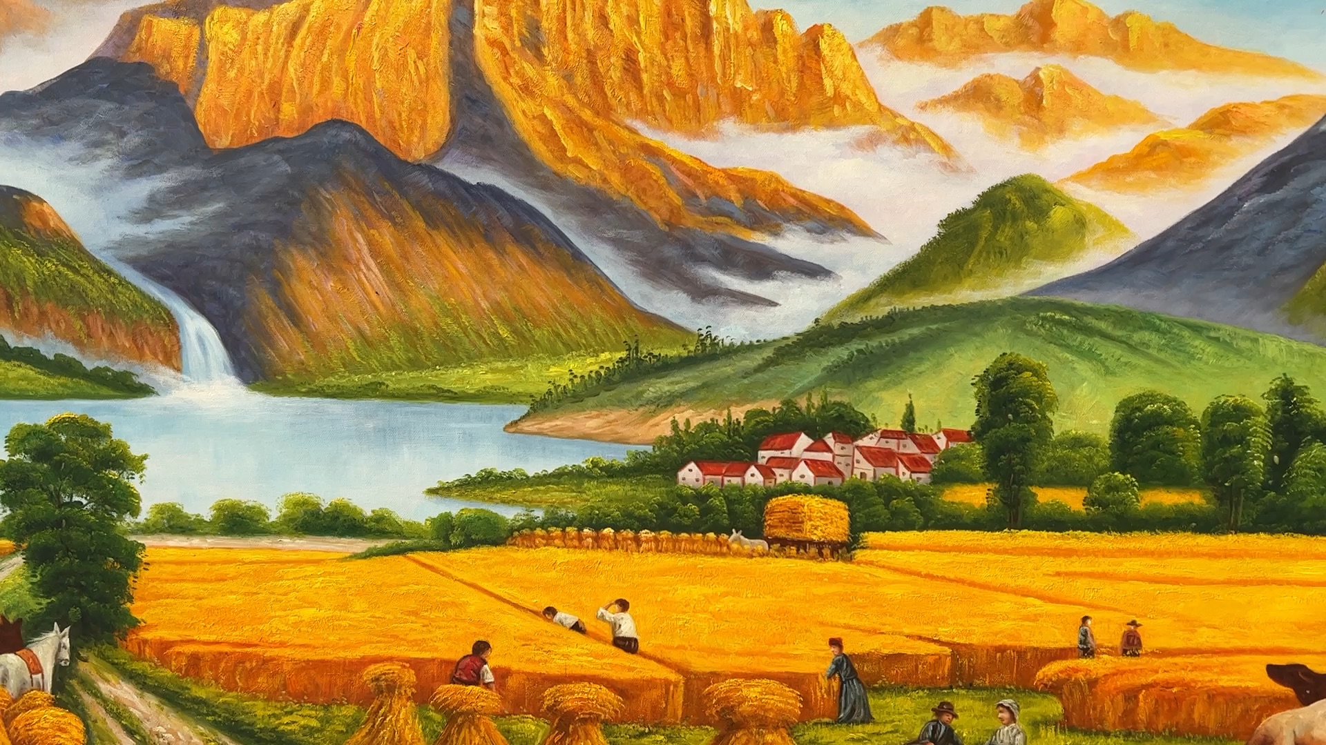 金黄的小麦在阳光下熠熠生辉,丰收的喜悦洋溢在田野间.