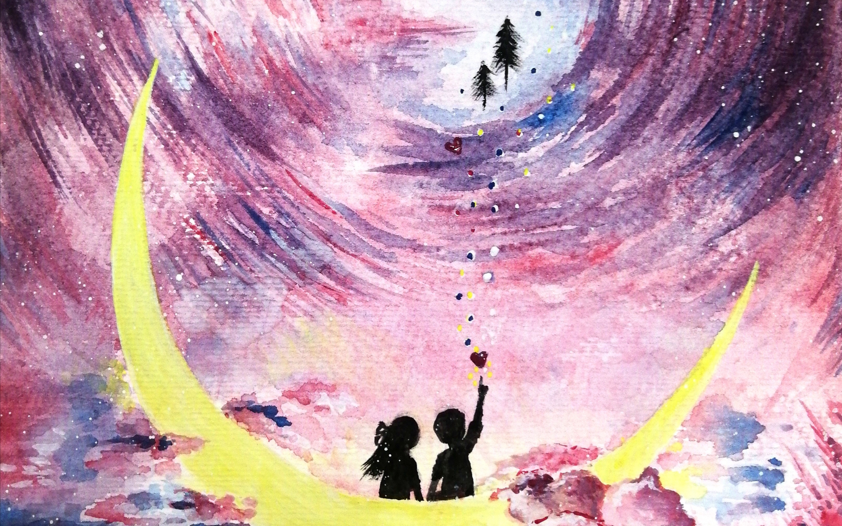 【水彩】画一个治愈系粉色星空|倍速绘画过程|第一次用手机录画画过程