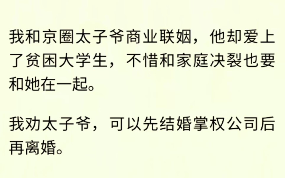 (全文完)我和京圈太子爷商业联姻,他却爱上了贫困大学生,不惜和家庭决裂也要和她在一起.我劝太子爷,可以先结婚掌权公司后再离婚.哔哩哔哩...