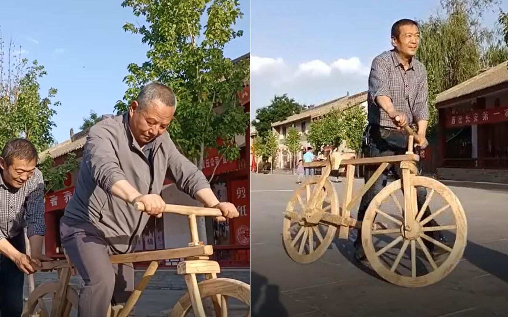 木头自行车骑过吗?来看这辆纯手工自行车,180斤重的都能骑
