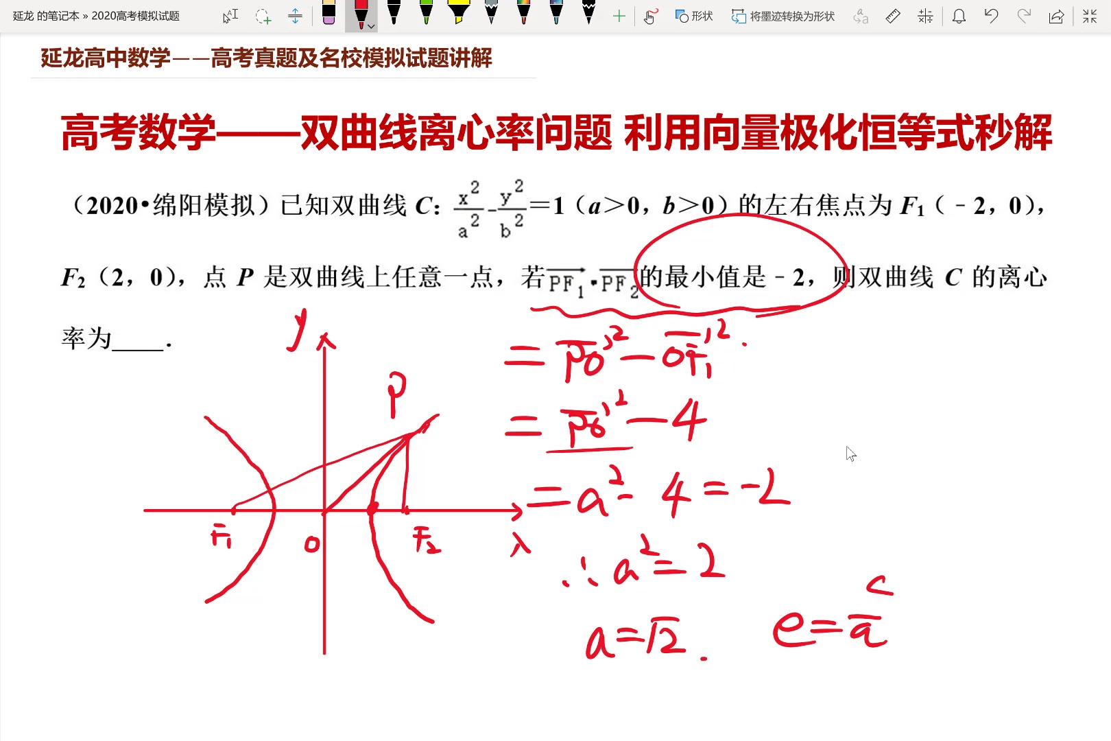 2020綿陽模擬雙曲線離心率利用向量極化恆等式秒解