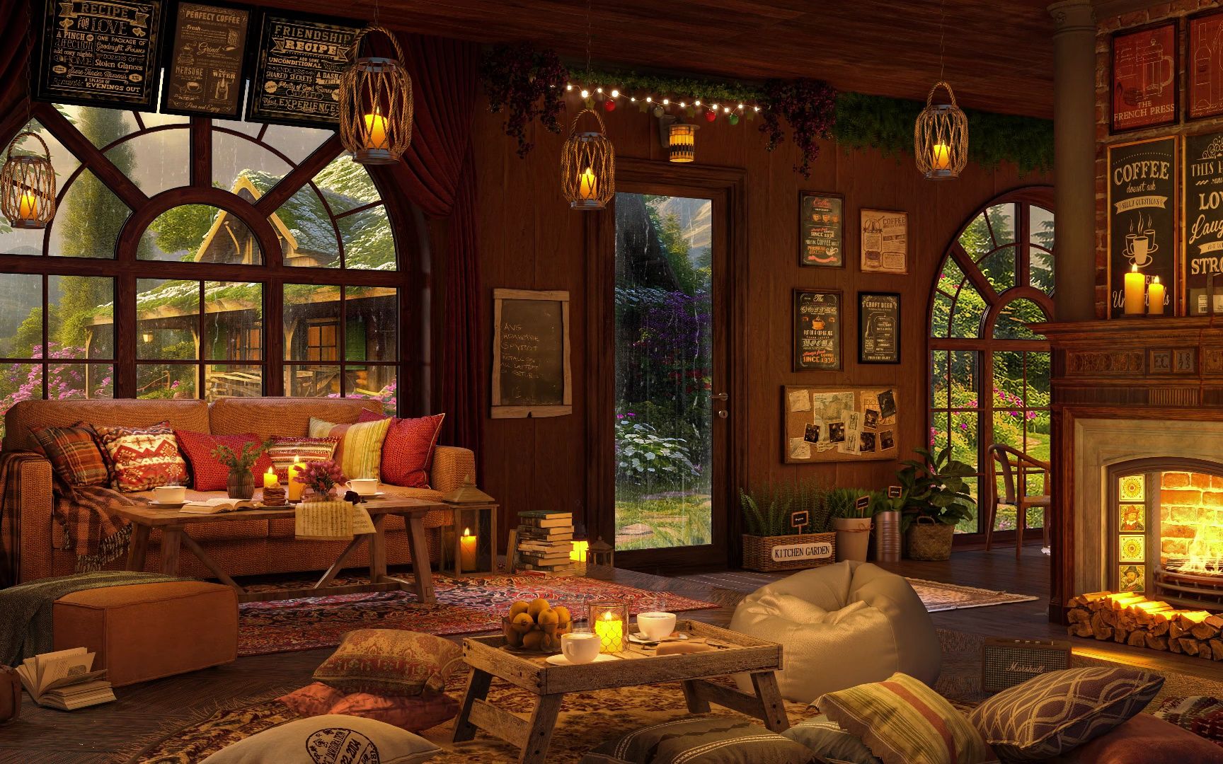 暖色调山间木屋 温暖的壁炉 窗外春暖花开 柔和的爵士乐抚平你的焦虑