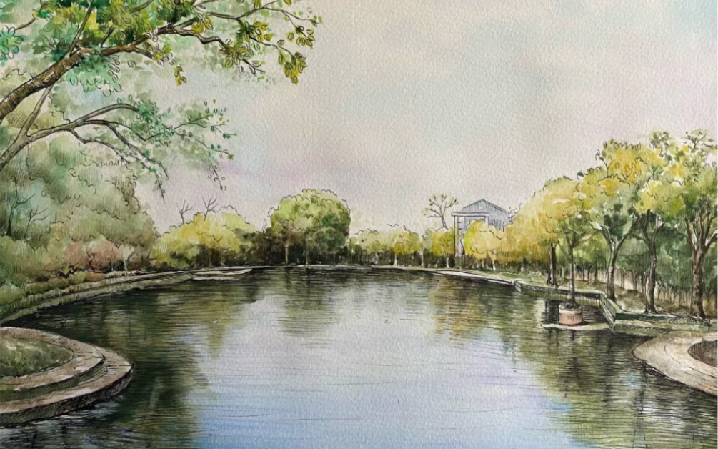 原创钢笔淡彩风景画作品.