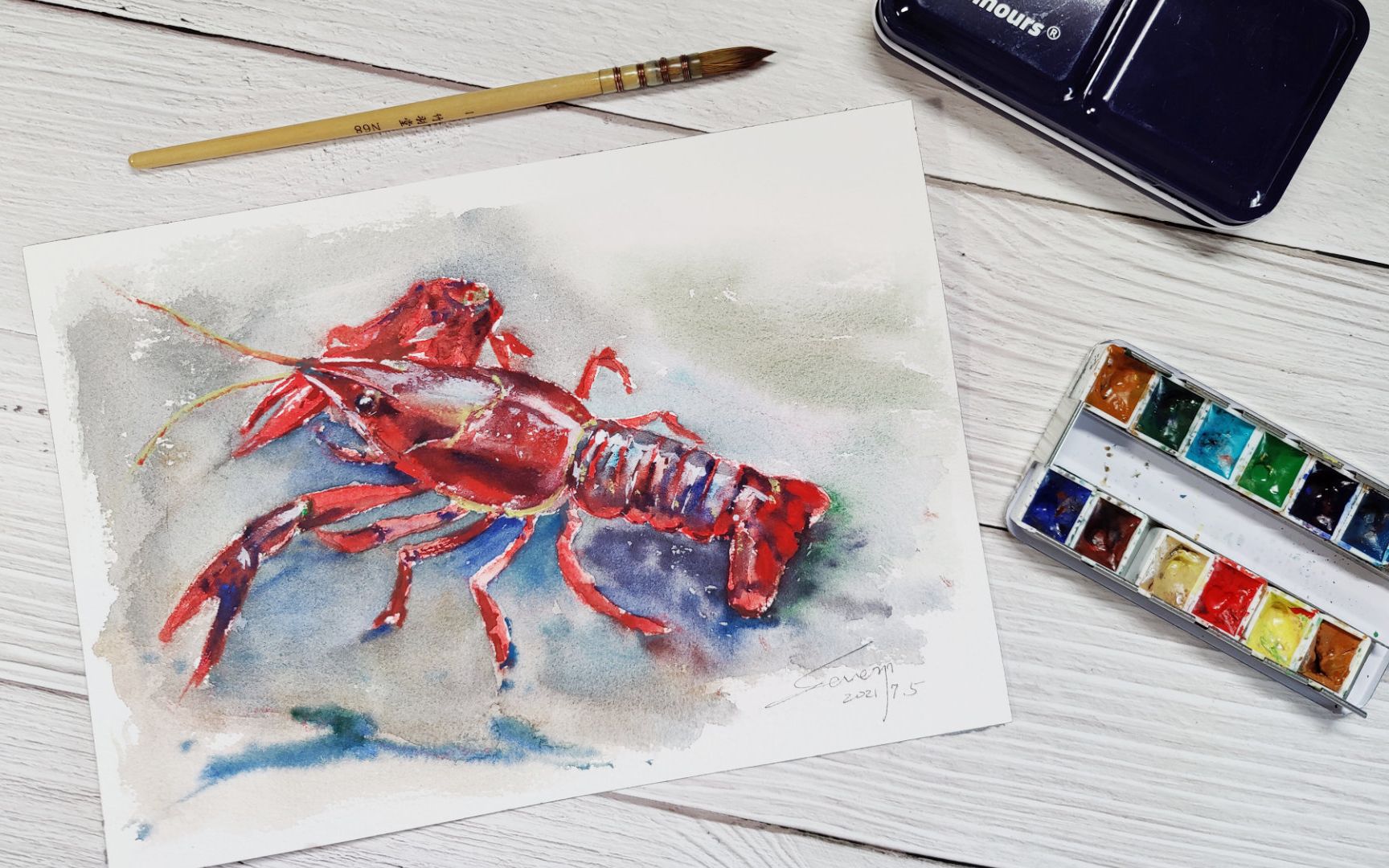 【水彩】夏天来啦!来画克氏原螯虾~其实就是小龙虾…… | 赛文水彩绘