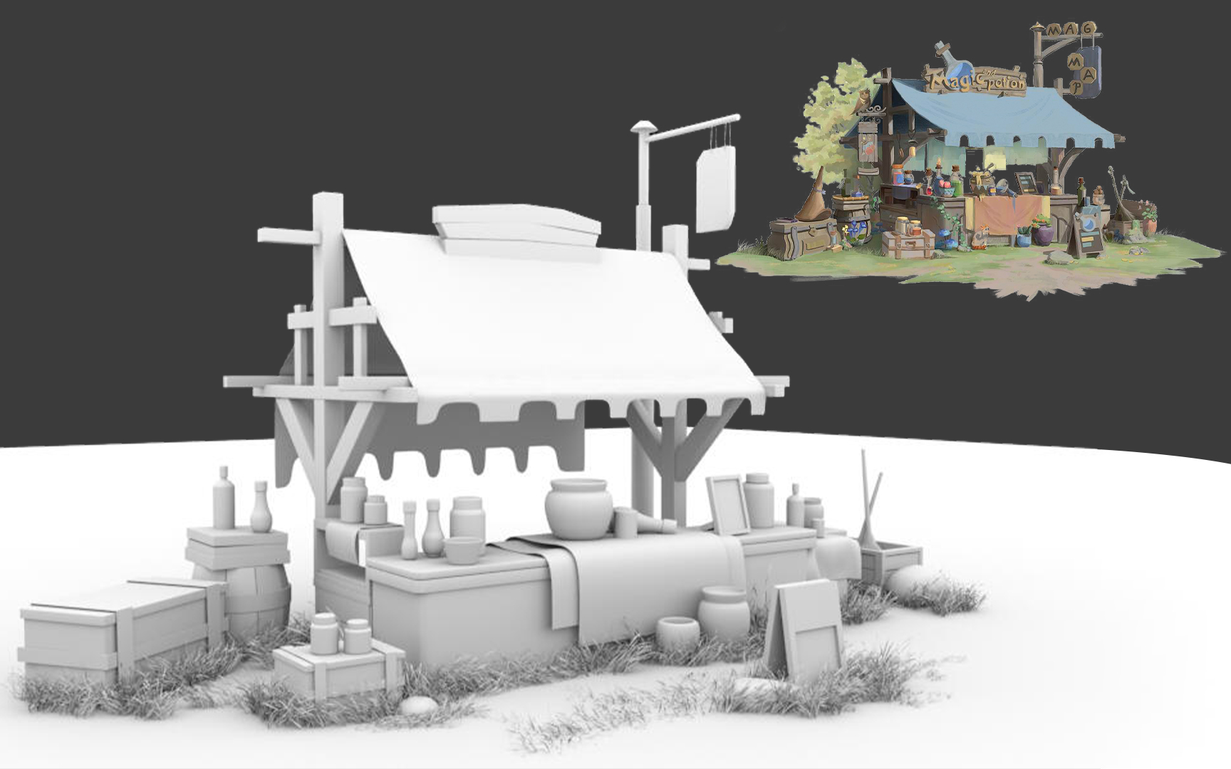 【maya场景建模】古风商贩摊位模型制作,0基础建模思路讲解