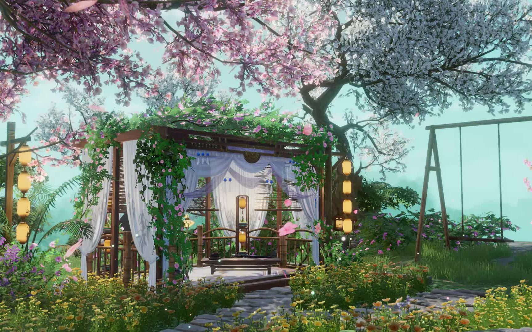 【剑网3家园】剑三两千平小院《云樱崖》,桃林露天浴池,是你梦中的