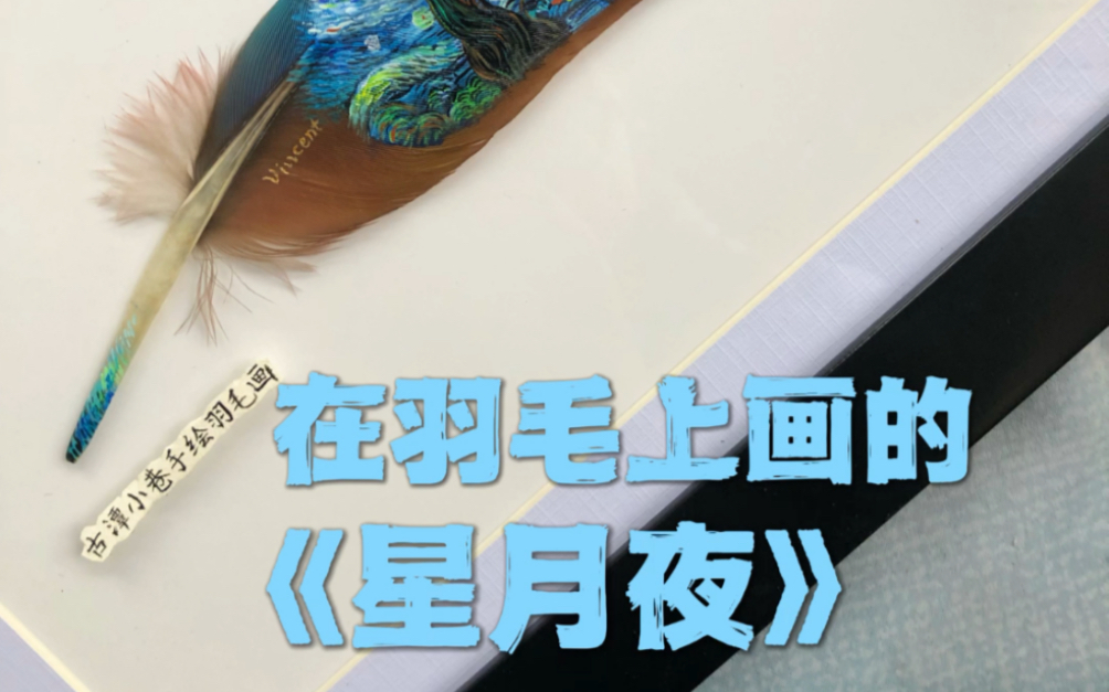 手绘羽毛画,在羽毛上画的星月夜