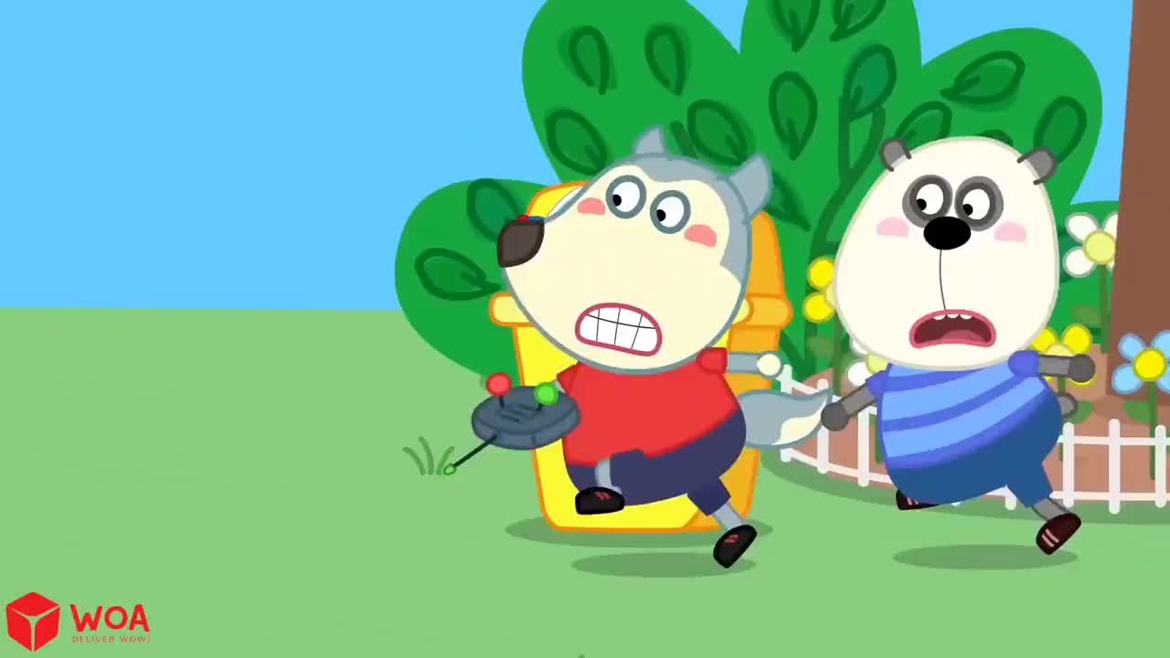 小狼沃夫:沃夫和潘多在玩遥控小汽车结果被小黑的车撞到垃圾桶里