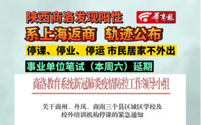 陕西商洛发现阳性 系上海返商 轨迹公布 停课、停业、停运 市民居家不外出 事业单位笔试(本周六)延期哔哩哔哩bilibili